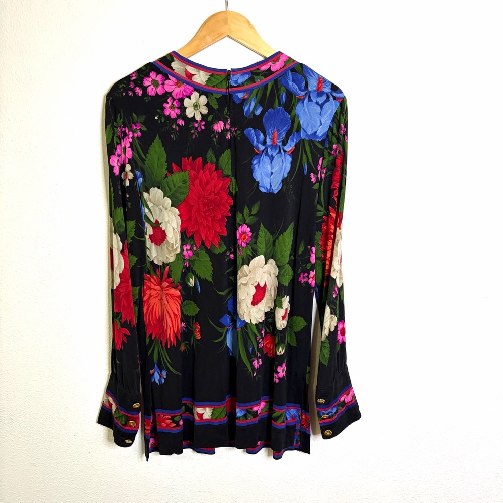 Vintage 80s 90s Leonard 100% silk jersey mikado Floral Women's Tunic Top sz L - Picture 3 of 12
